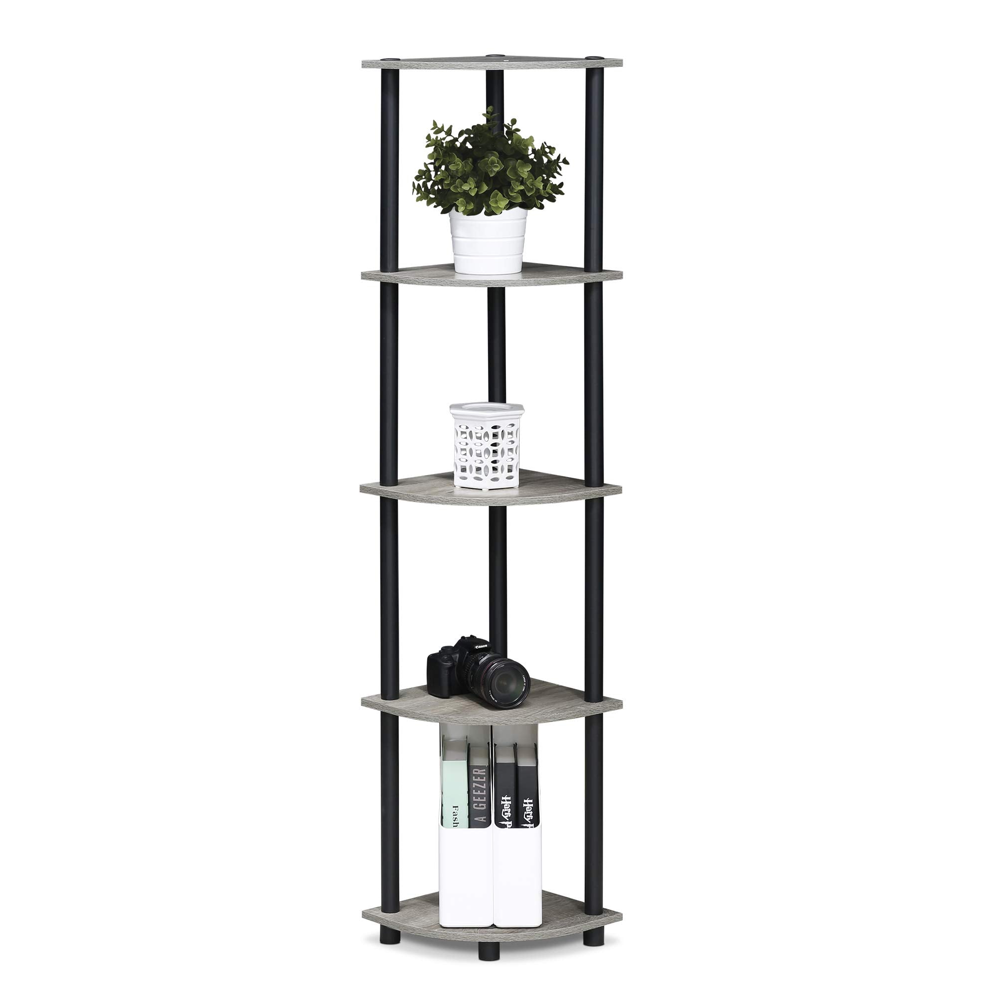 Furinno Turn-N-Tube heavy load on lower shelves for balance.