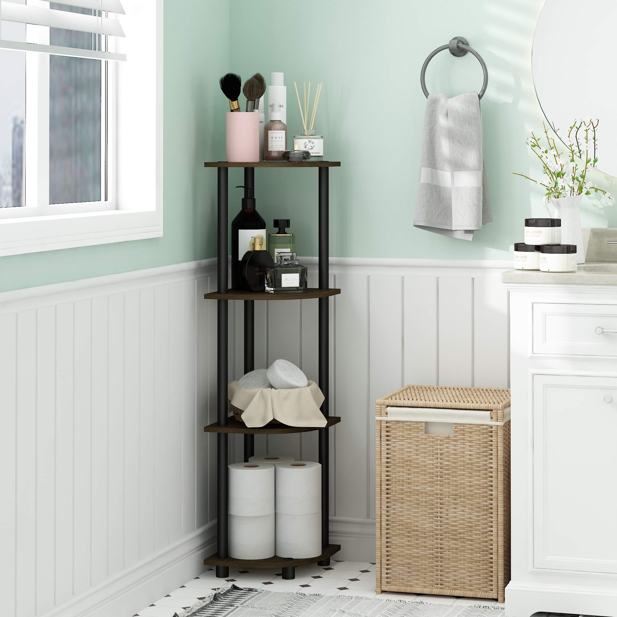 Furinno Turn-N-Tube open display shelves showcase decor and books.
