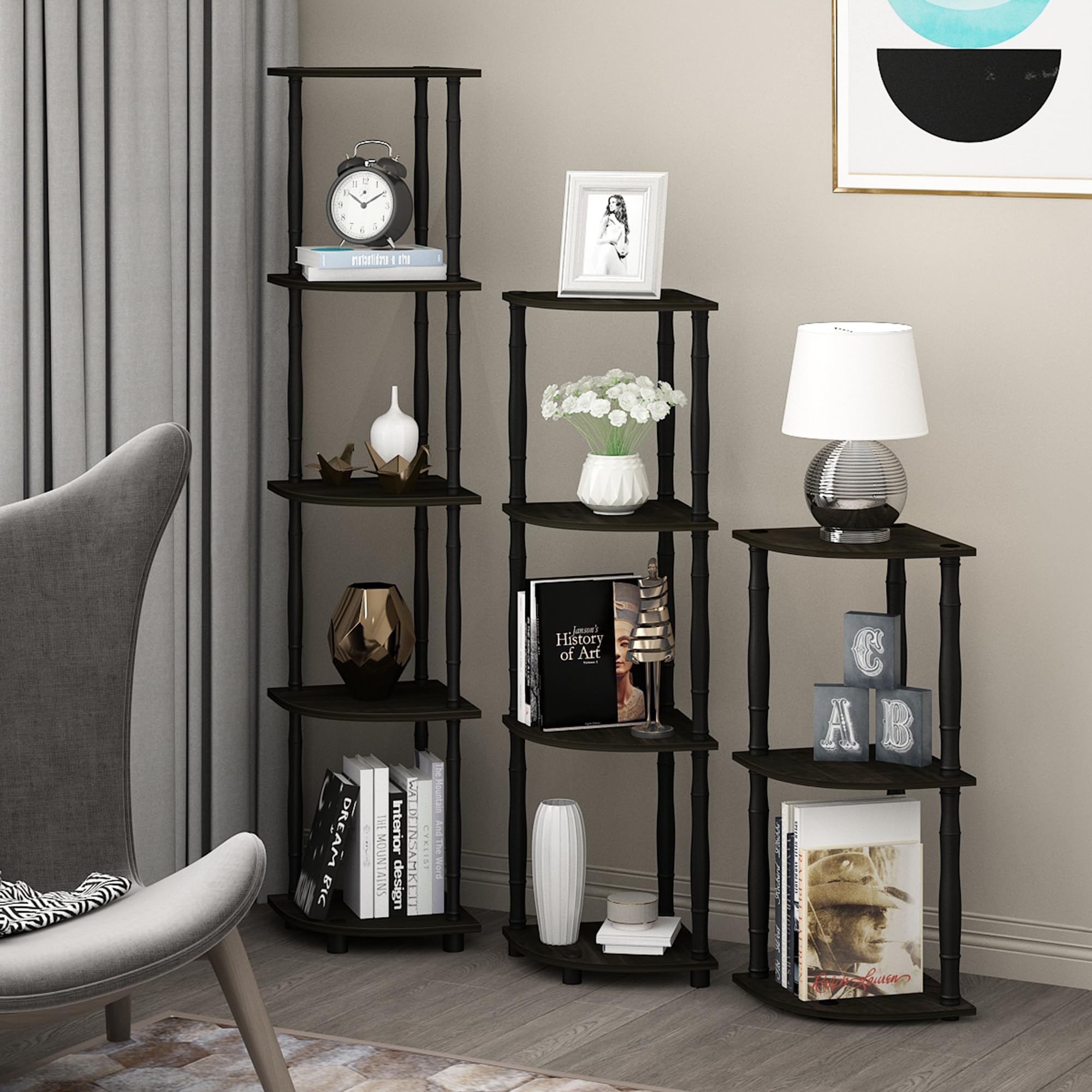 Furinno Turn-N-Tube open shelves provide easy access to decor and plants.