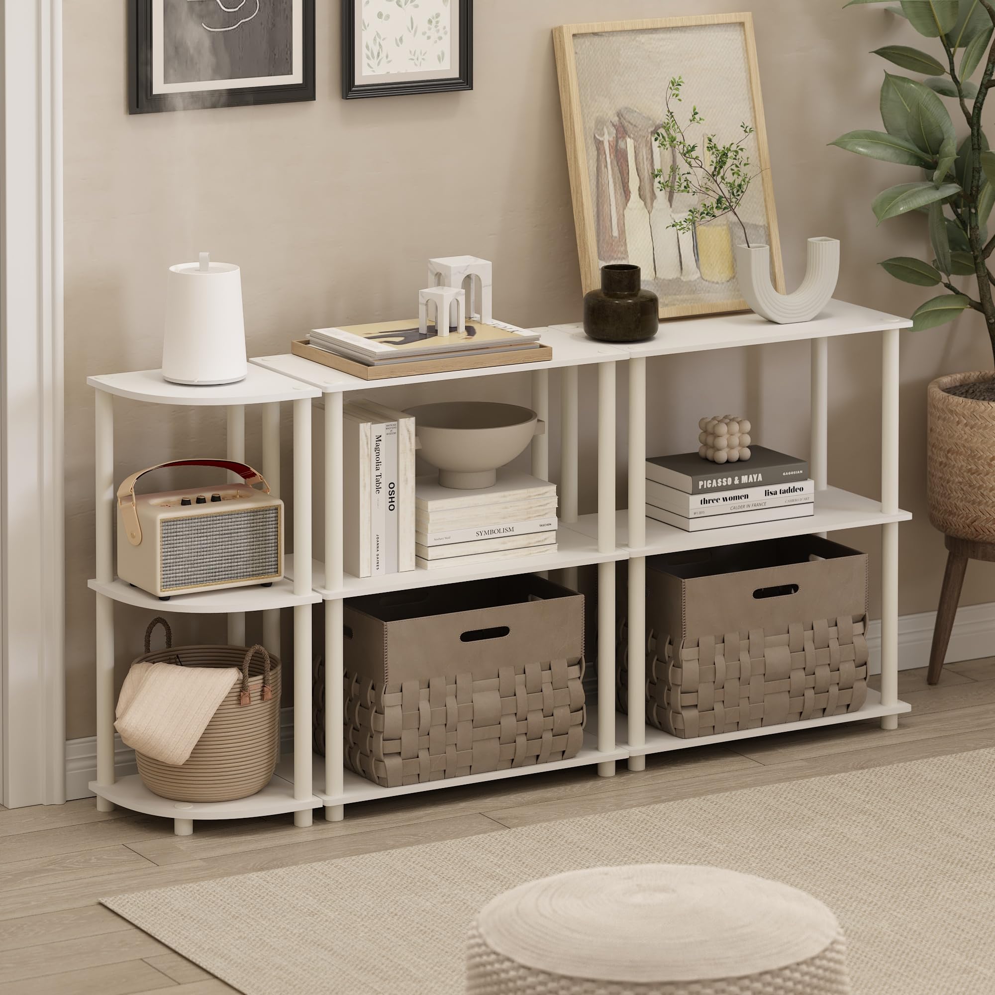 Furinno Turn-N-Tube open shelves display books and decor with easy access.