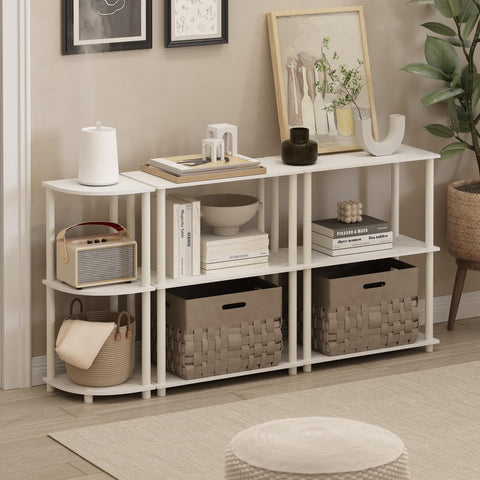 Furinno Turn-N-Tube open shelves display books and decor with easy access.