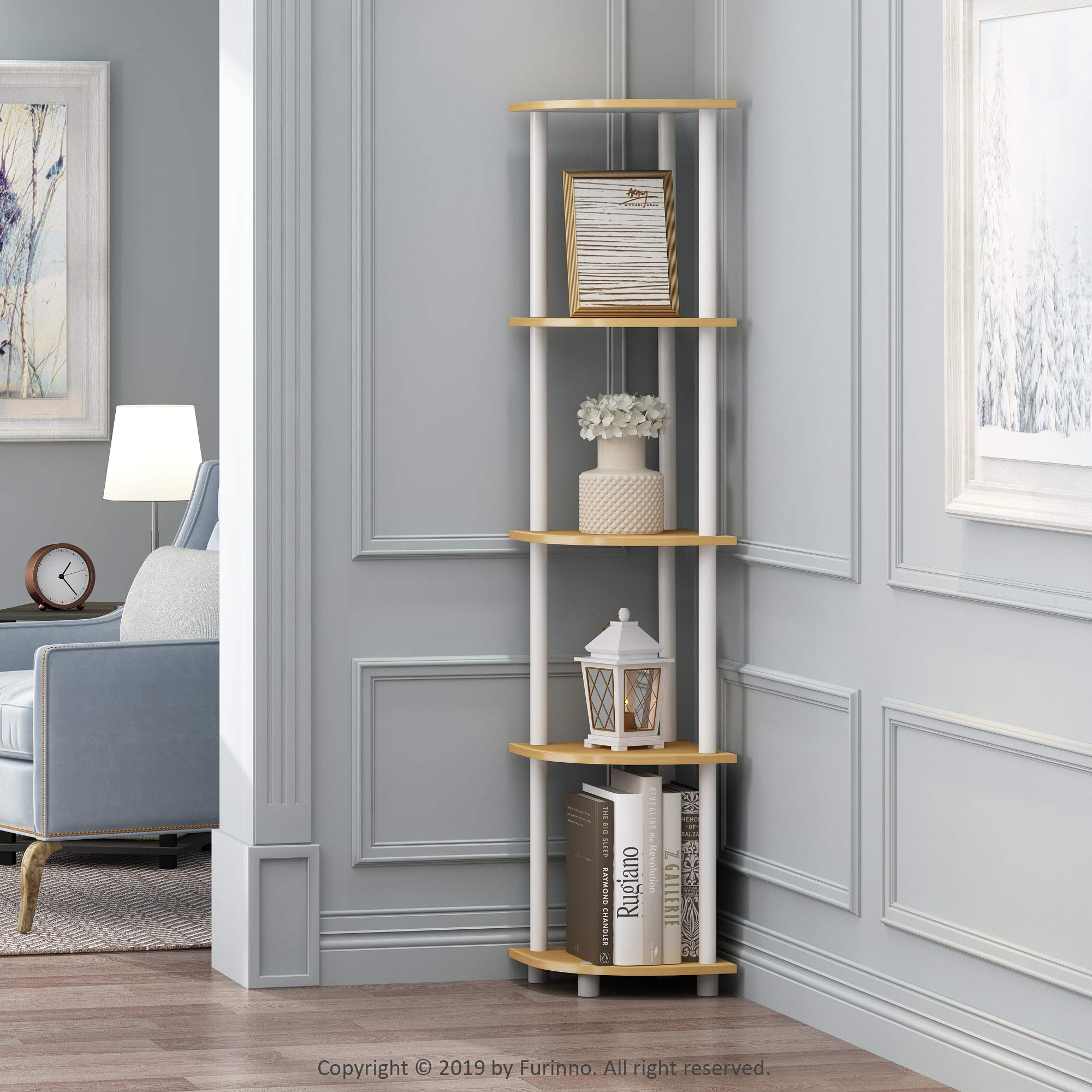Furinno Turn-N-Tube open storage shelves organize decor and everyday accessories.