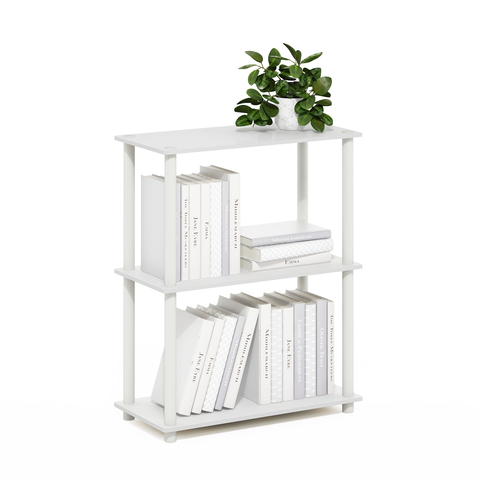 Furinno Turn-N-Tube shelf with three open tiers for display and storage.