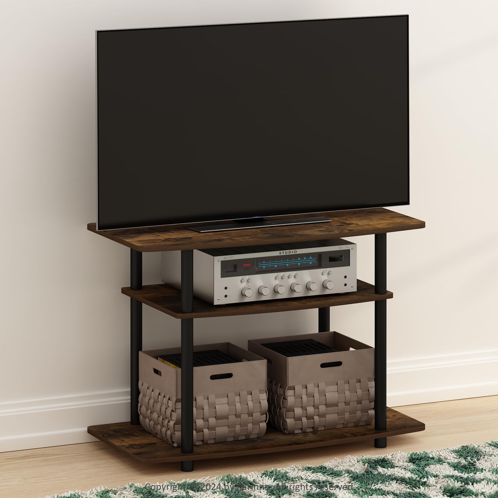 Open shelves on the Amber Pine stand display media players and decor for easy access
