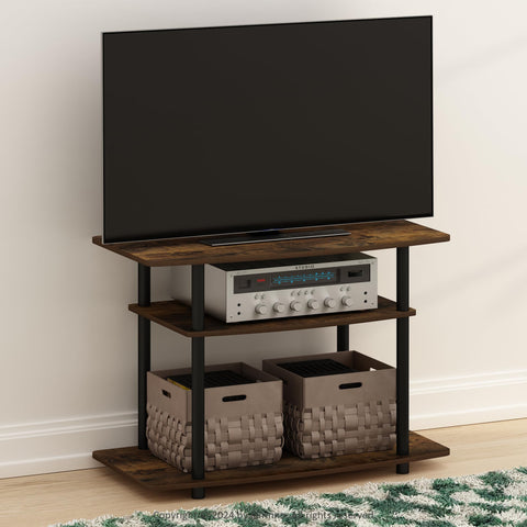 Open shelves on the Amber Pine stand display media players and decor for easy access