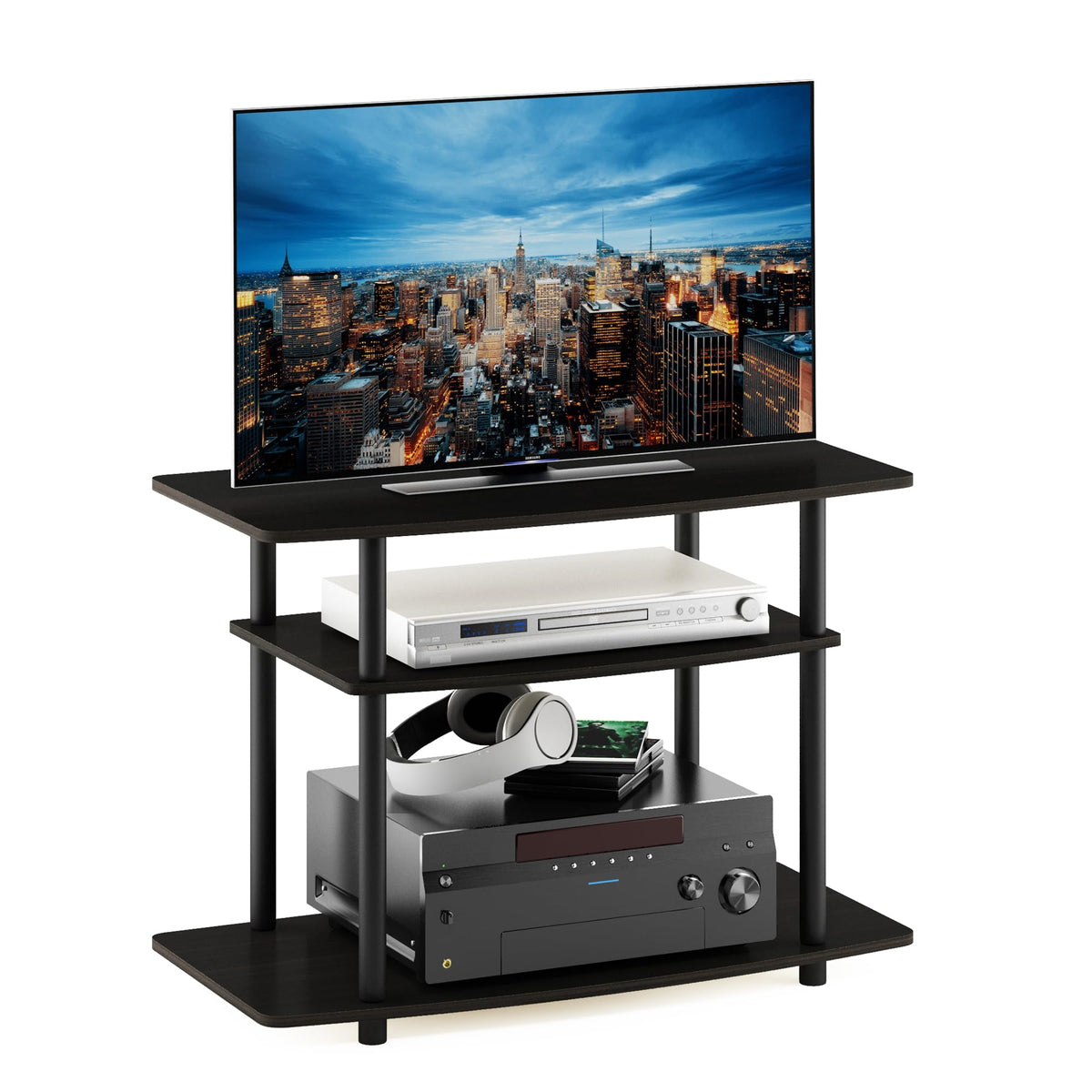Furinno Turn-N-Tube TV stand espresso-black with a roomy top for a 32-inch TV.