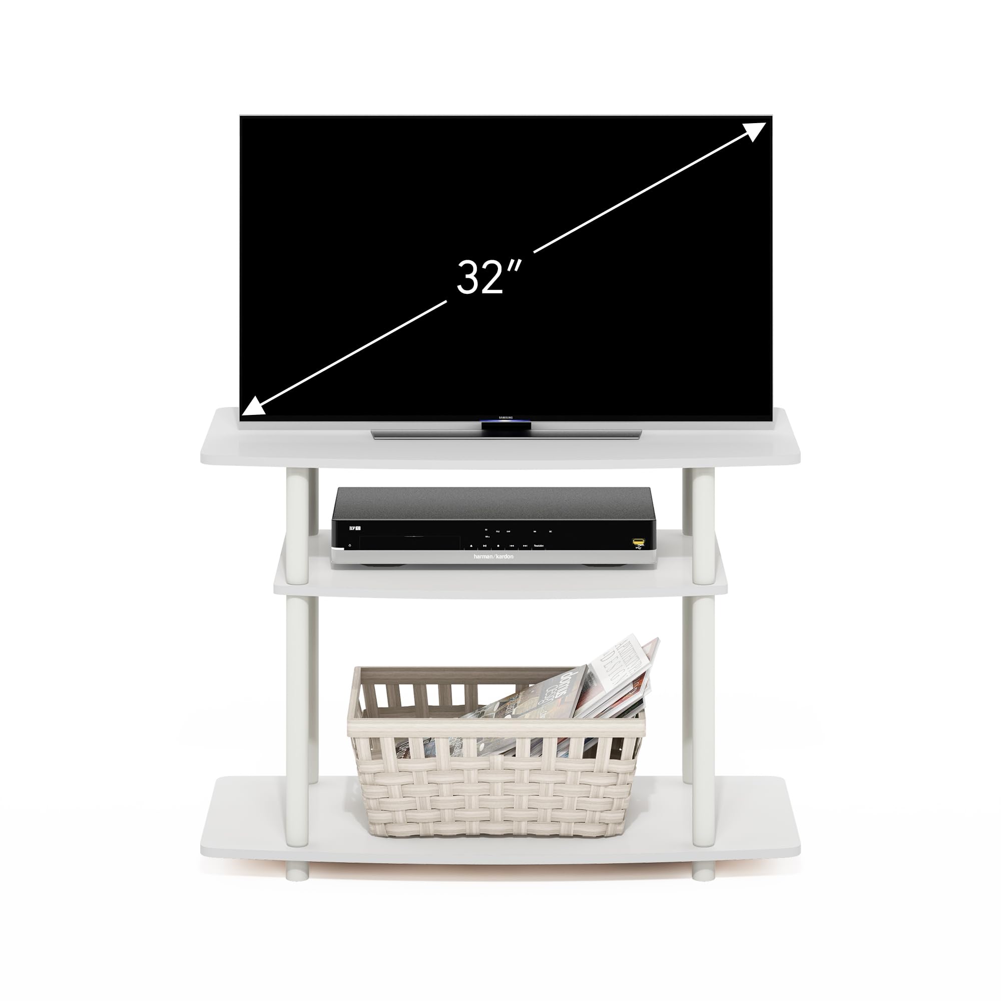 White finish on Furinno Turn-N-Tube TV Stand complements modern decor.