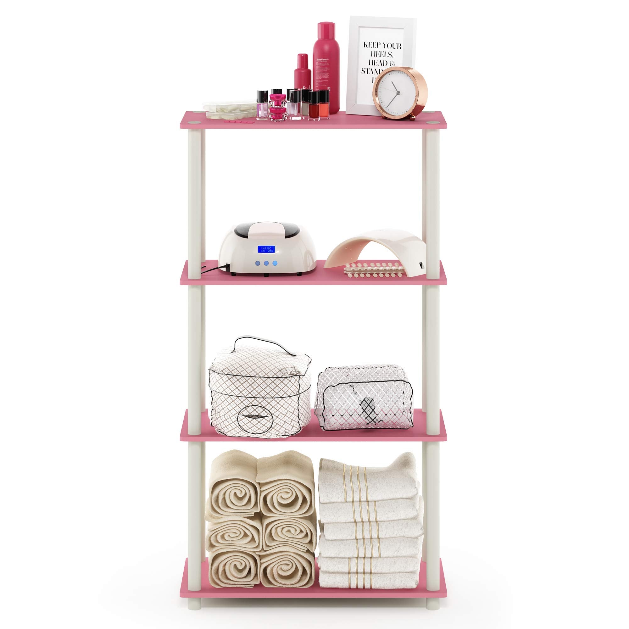 Furinno Turn-N-Tube shelf demonstrating sturdy build with 30 lb per shelf capacity.