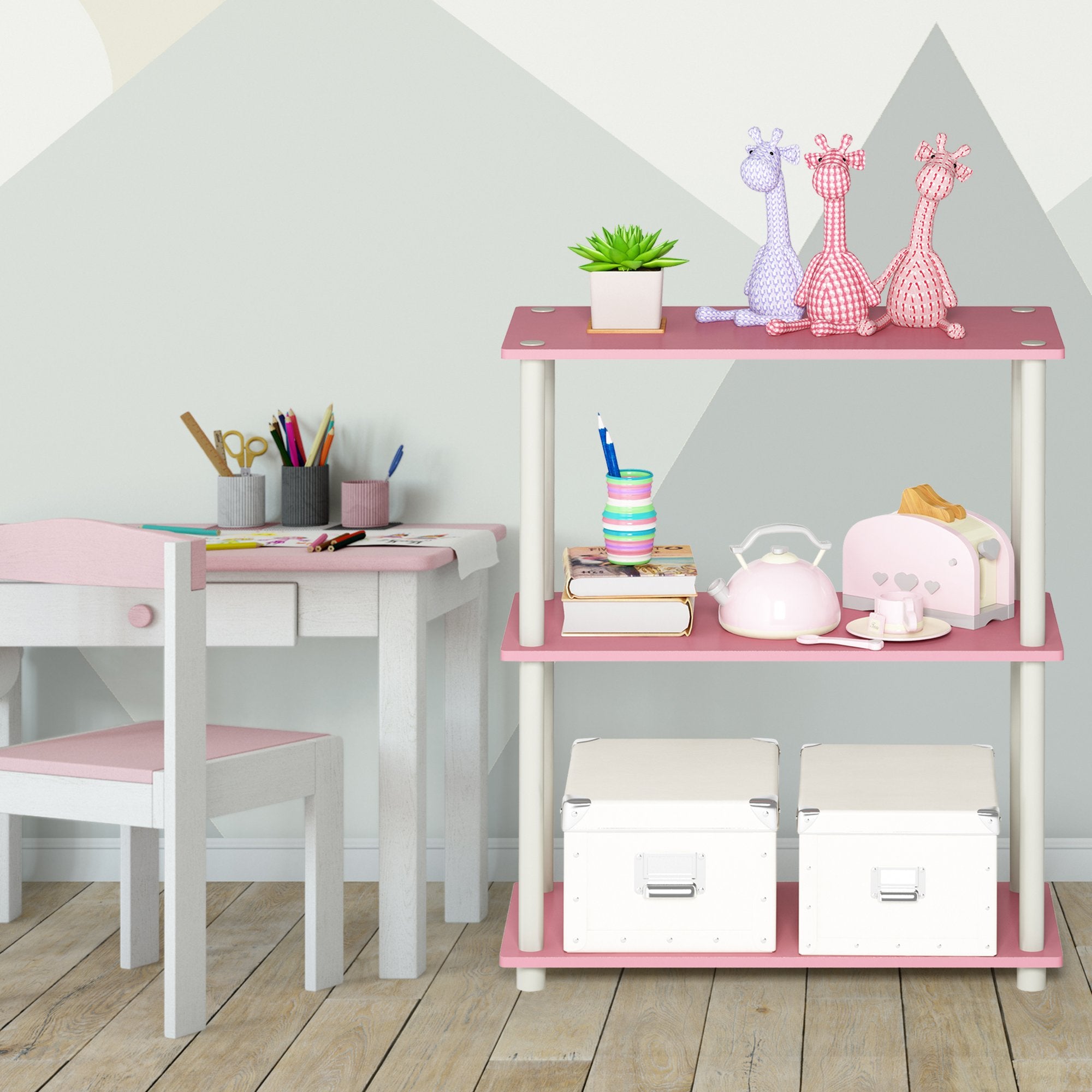 Furinno Turn-N-Tube pink shelves provide 15-lb per-shelf capacity for daily use