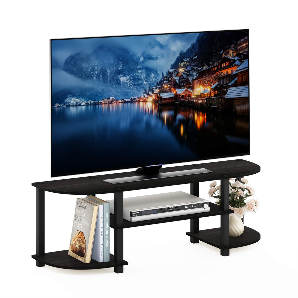 Furinno Turn-S-Tube wide TV stand top view supports up to 55-inch TVs