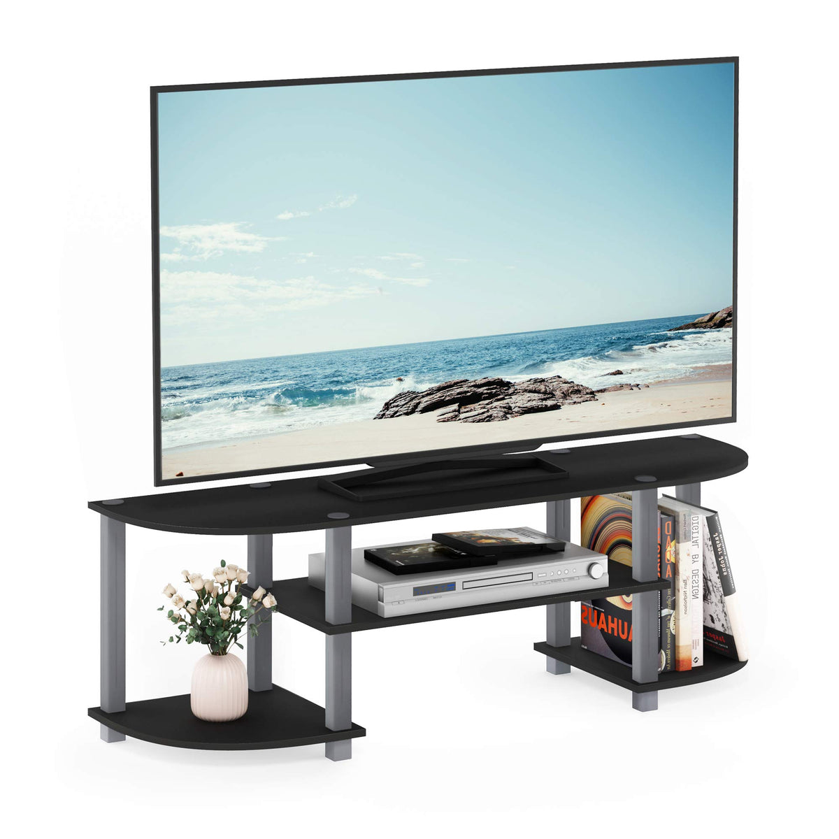 Furinno Turn-S-Tube wide TV stand top surface supports up to 55 inches.