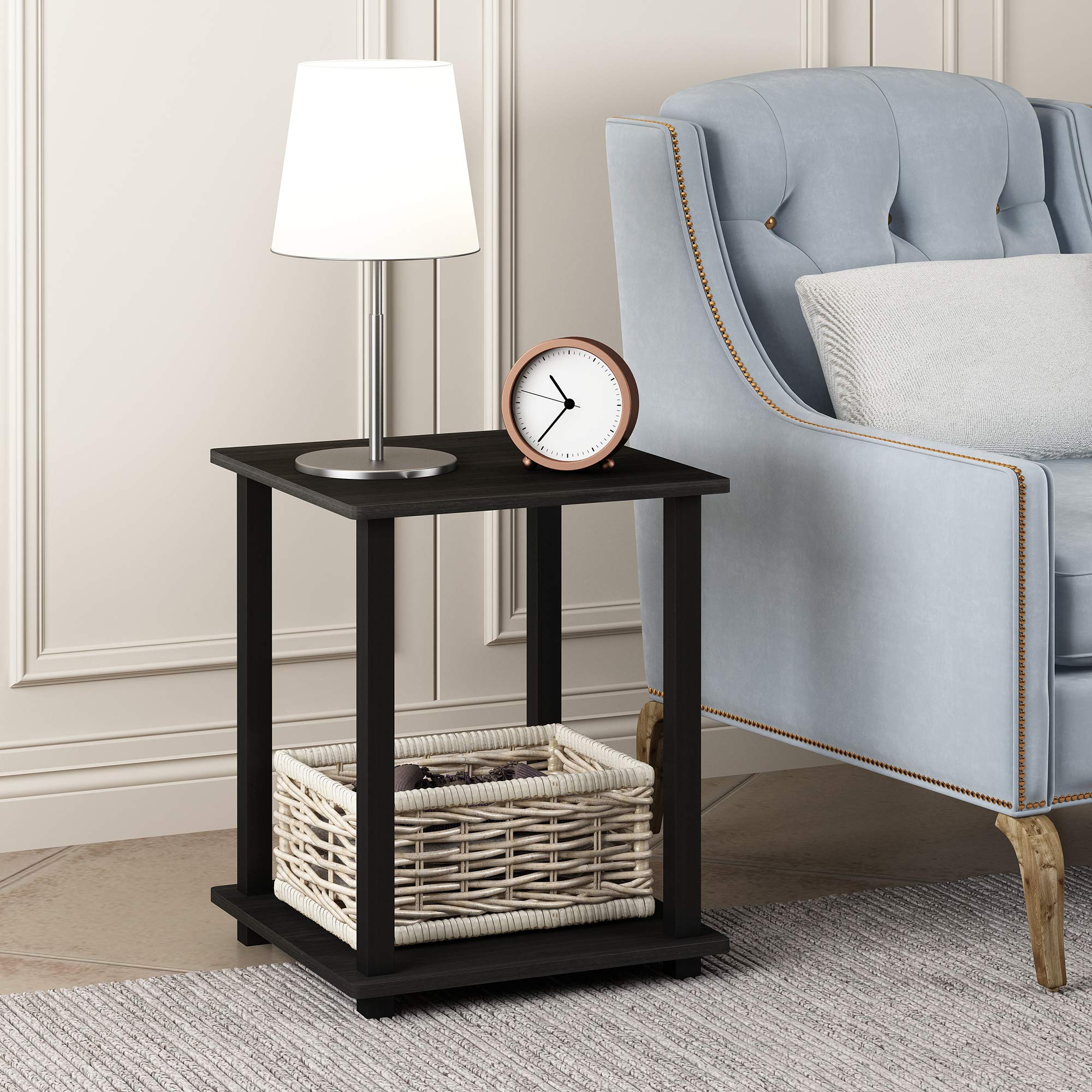 Furinno Two-tier square end table highlights storage-ready two levels for small spaces.