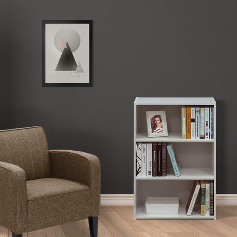 Furinno Wright 3-tier shelf provides compact storage for small spaces.