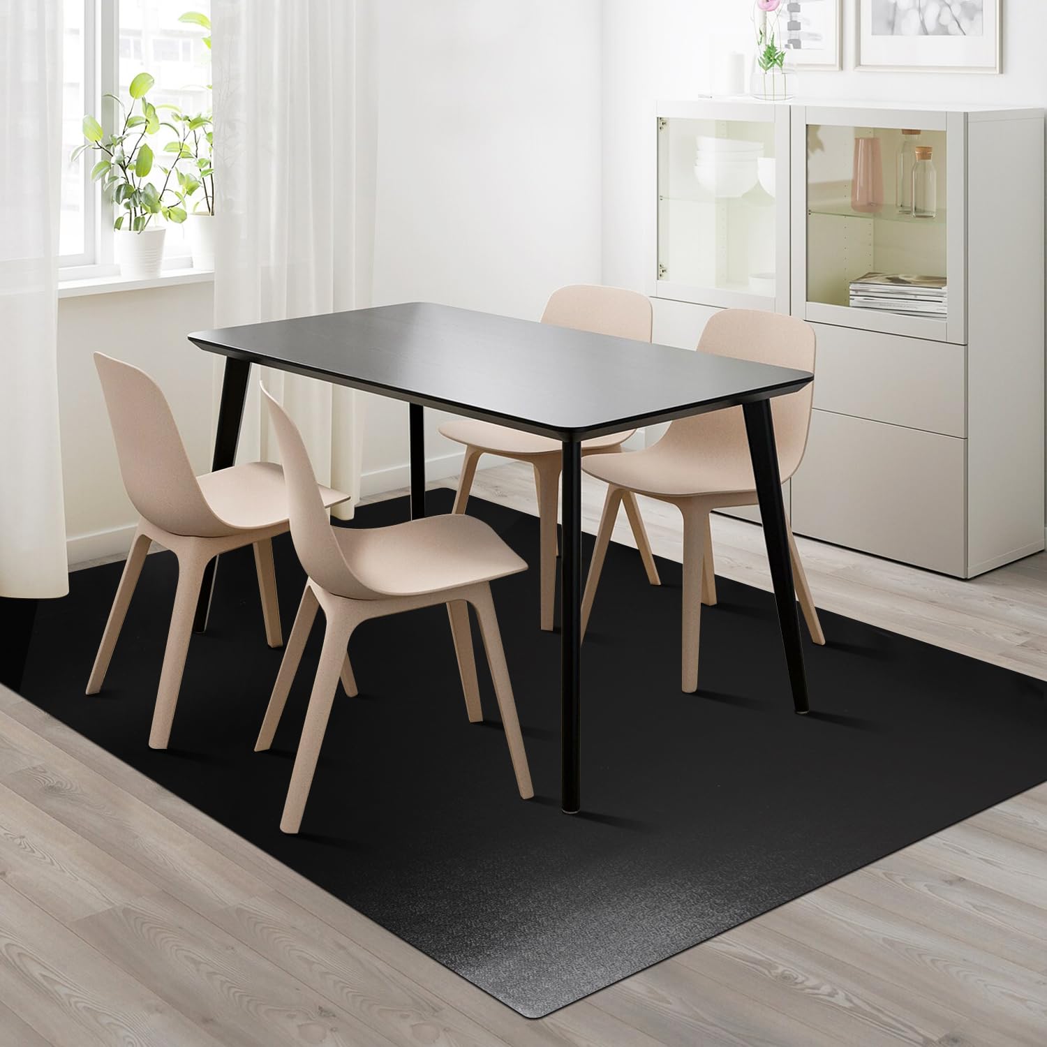 FURKIT vinyl floor mat under dining table hides defects and protects floors.