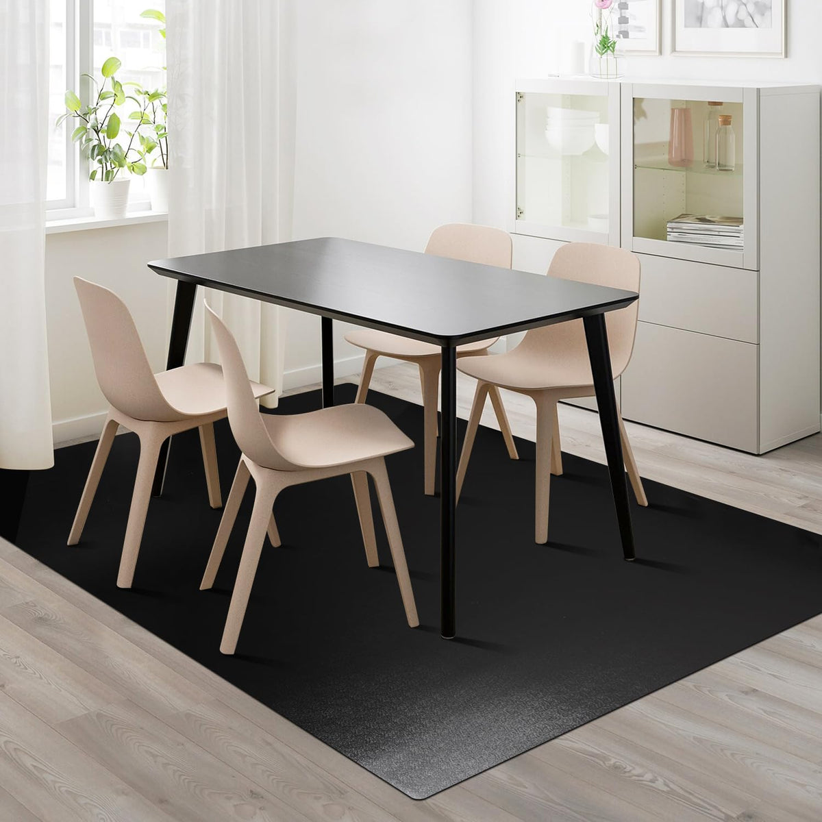 FURKIT vinyl floor mat under dining table hides defects and protects floors.