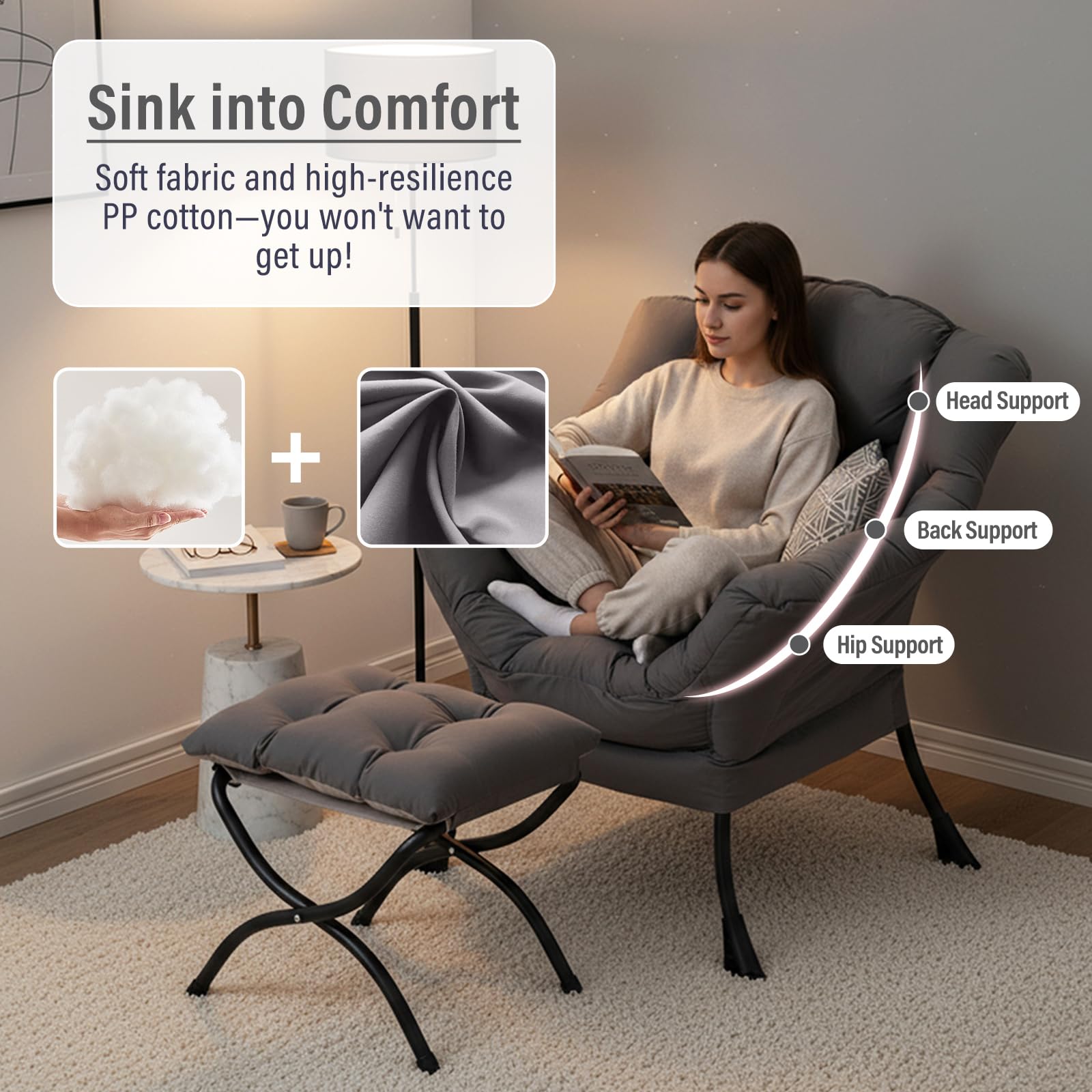 Furlide dark grey accent chair adding versatile style to living rooms or bedrooms.