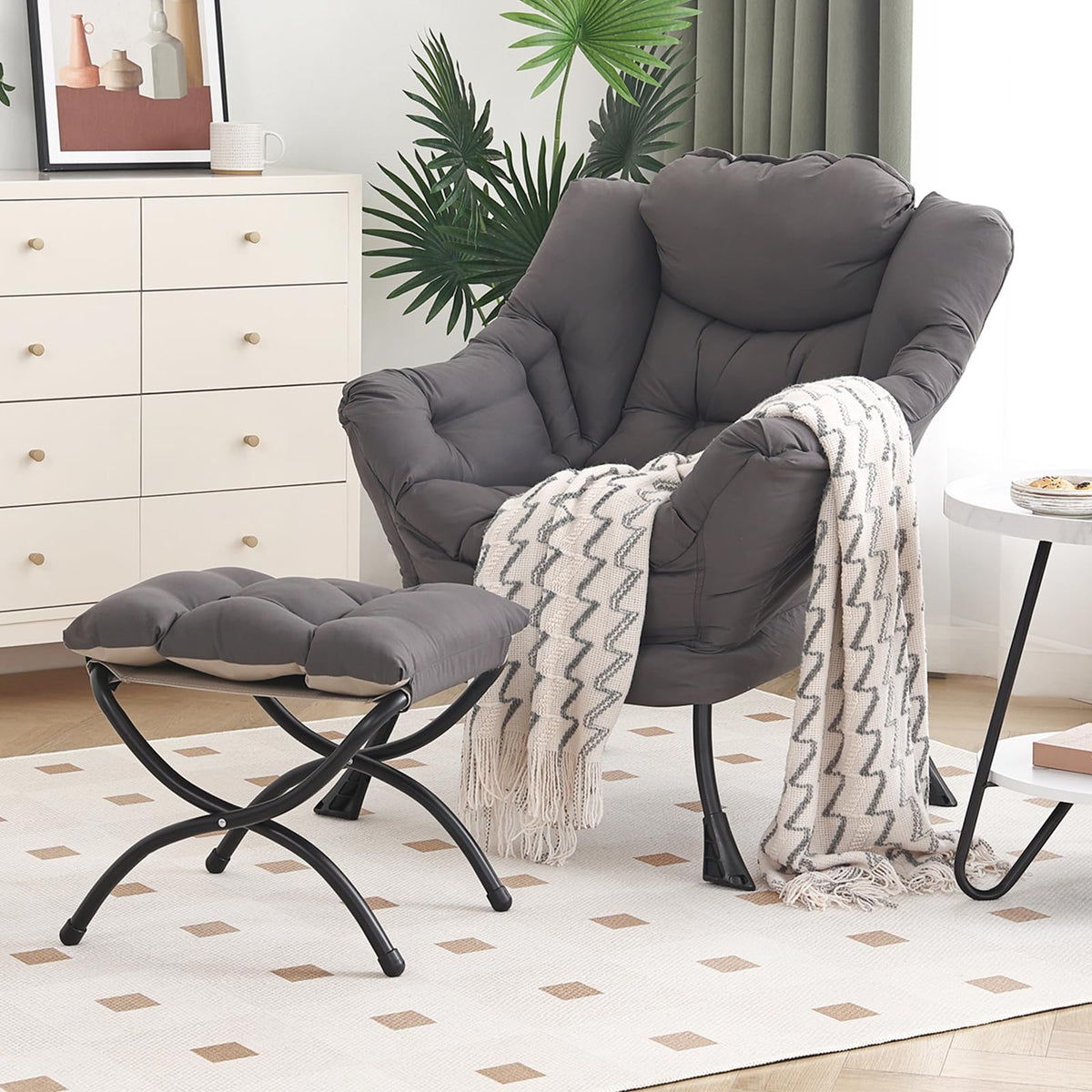 Furlide lazy chair with ottoman offering cozy lounging and compact storage space.
