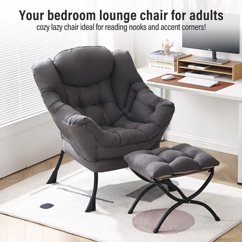 Furlide modern chair with folding footrest designed for reading and relaxing.