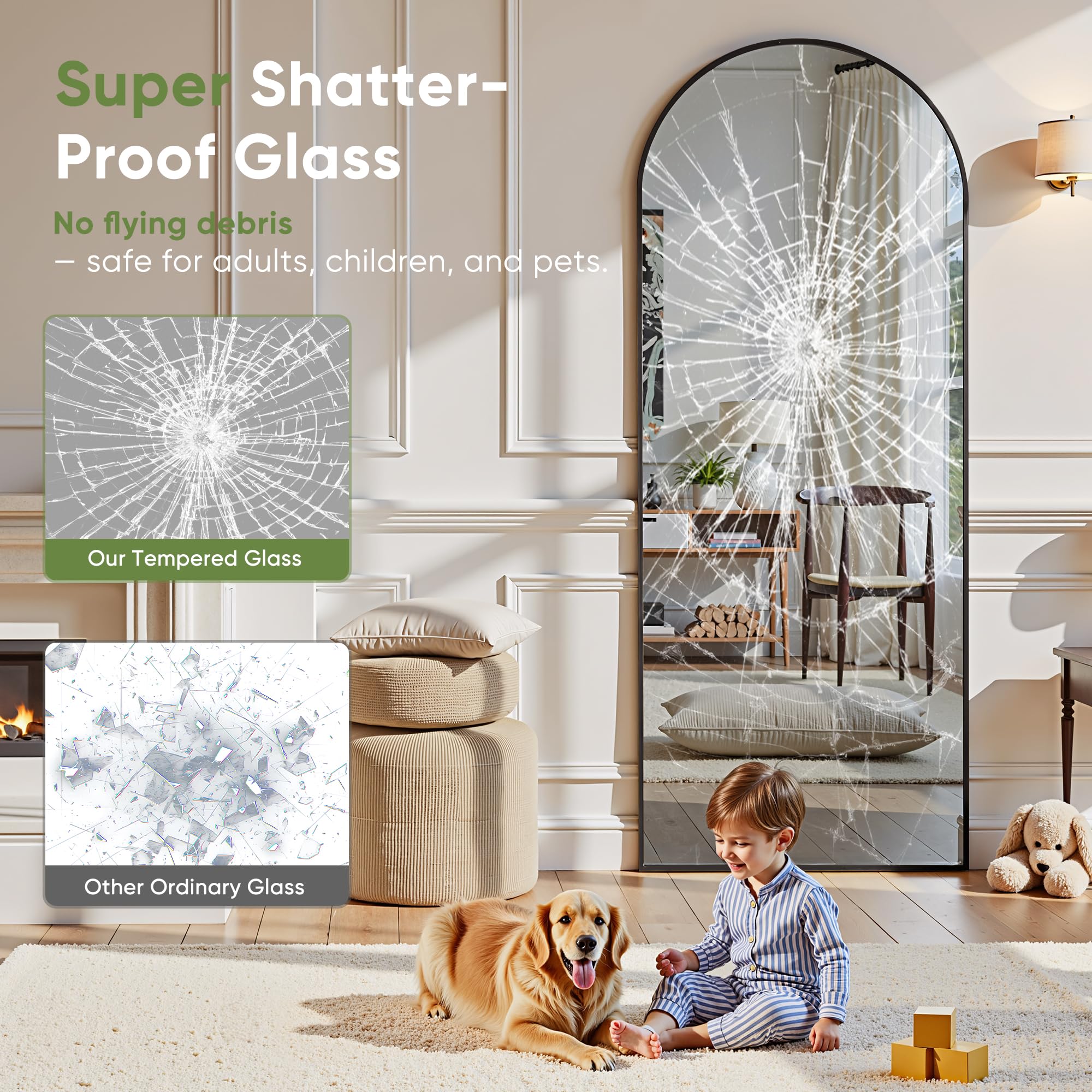 Furnbar arched full-length mirror leaning offers adaptable setup for small spaces.
