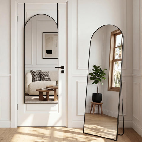 Furnbar arched full-length mirror over door offers a full outfit view and space boost.