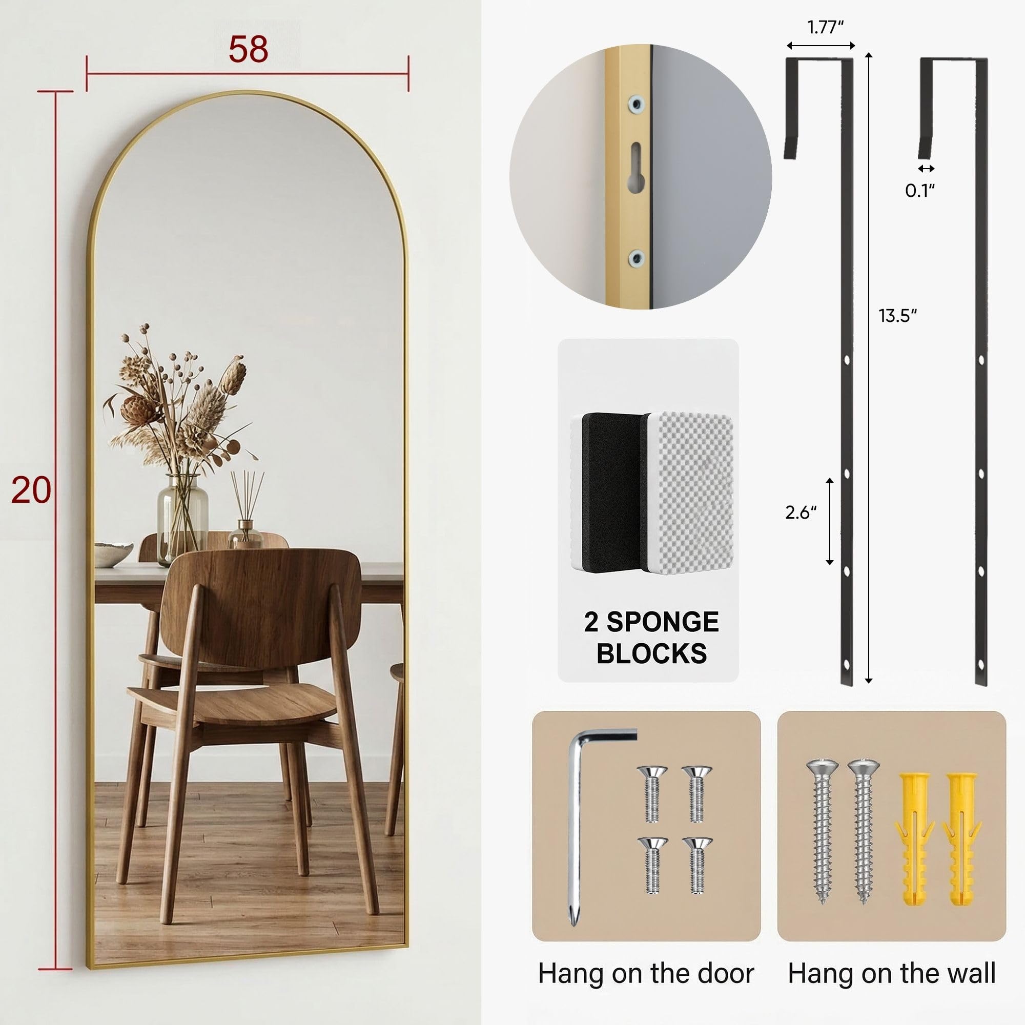 Furnbar arched-top full-length mirror enhances room decor and perceived space.