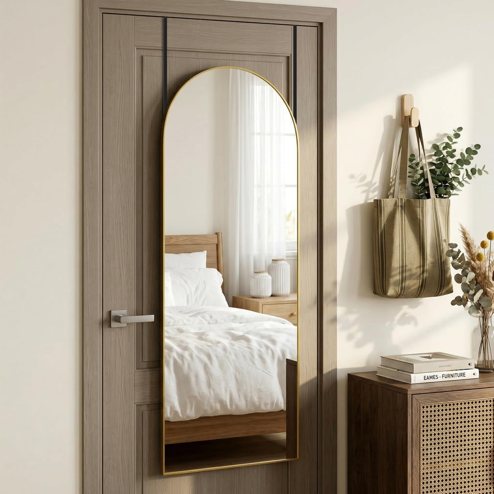 Furnbar over-the-door hanging mirror for quick, space-saving setup.