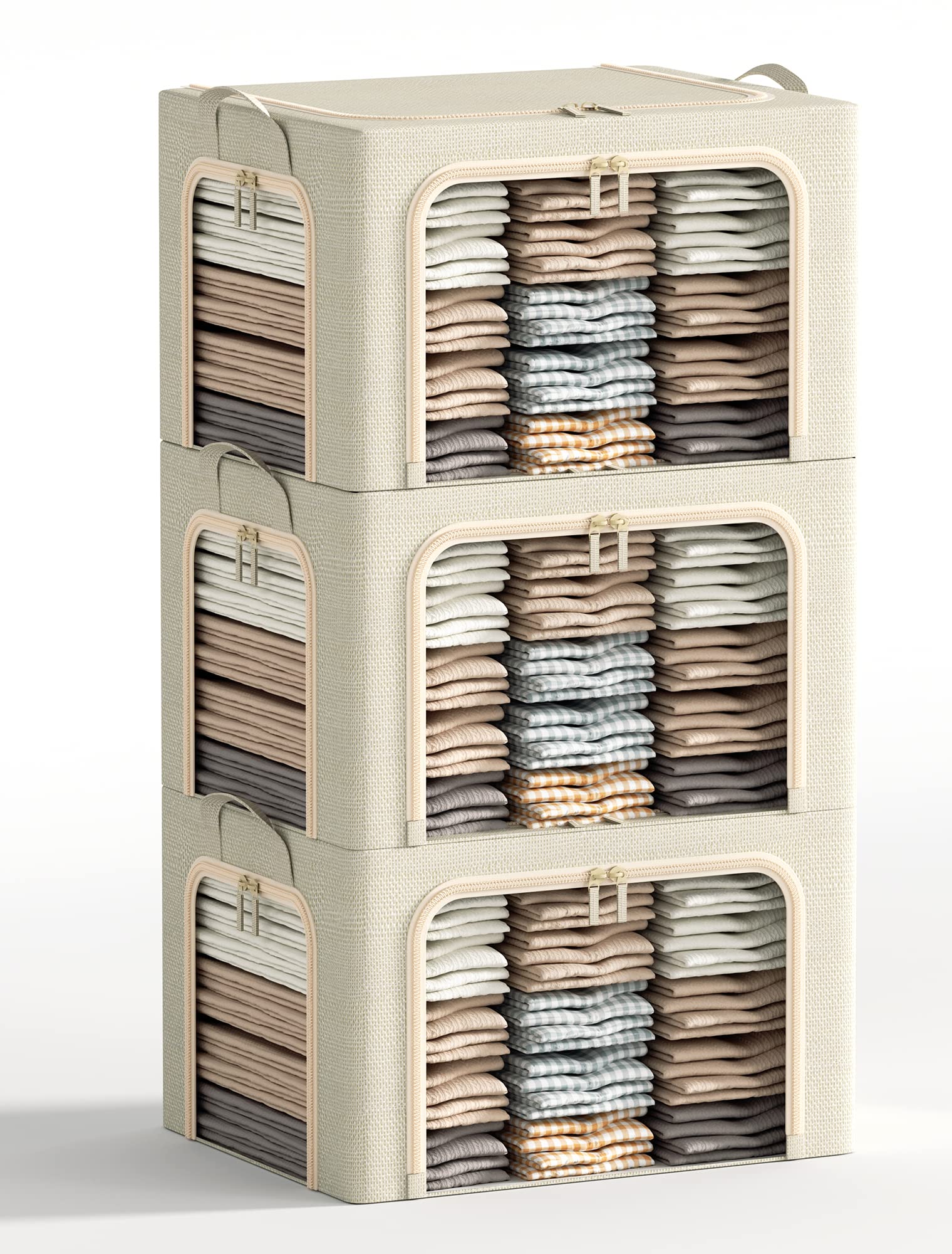 Furnhome 3-piece linen storage bins beige with lid for organized clothing storage.