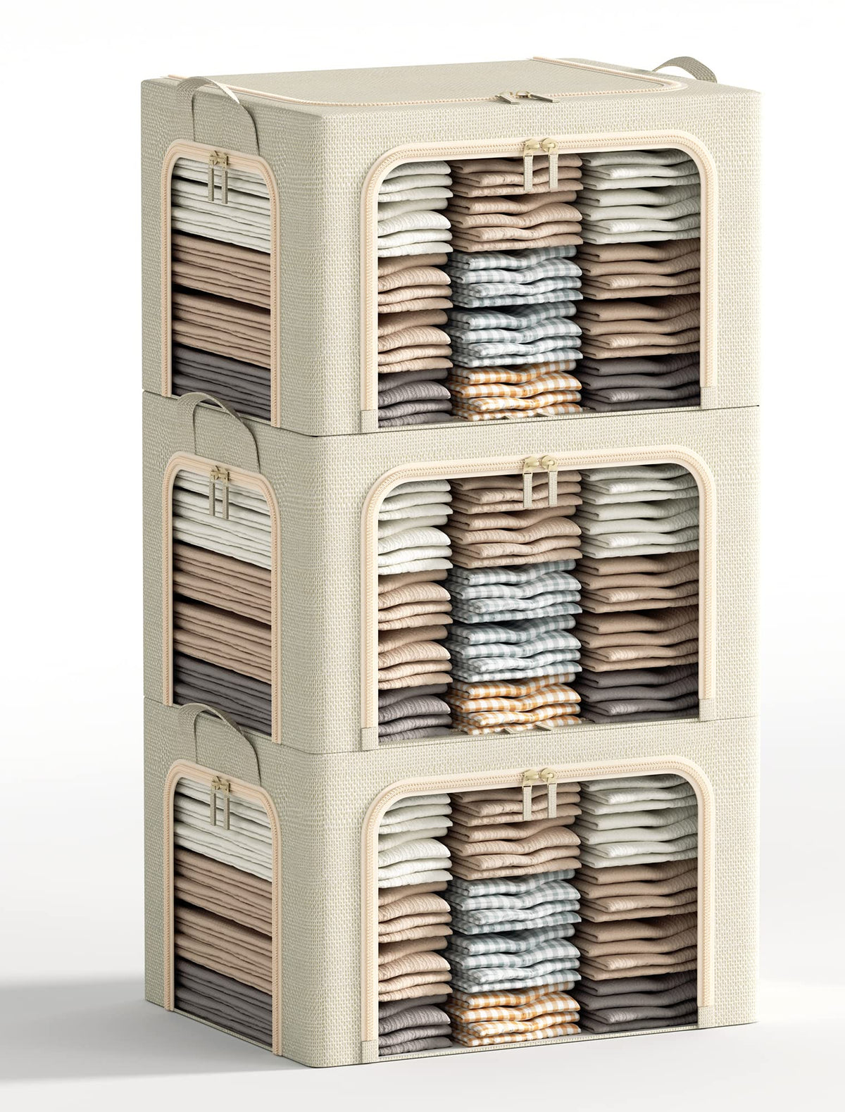 Furnhome 3-piece linen storage bins beige with lid for organized clothing storage.