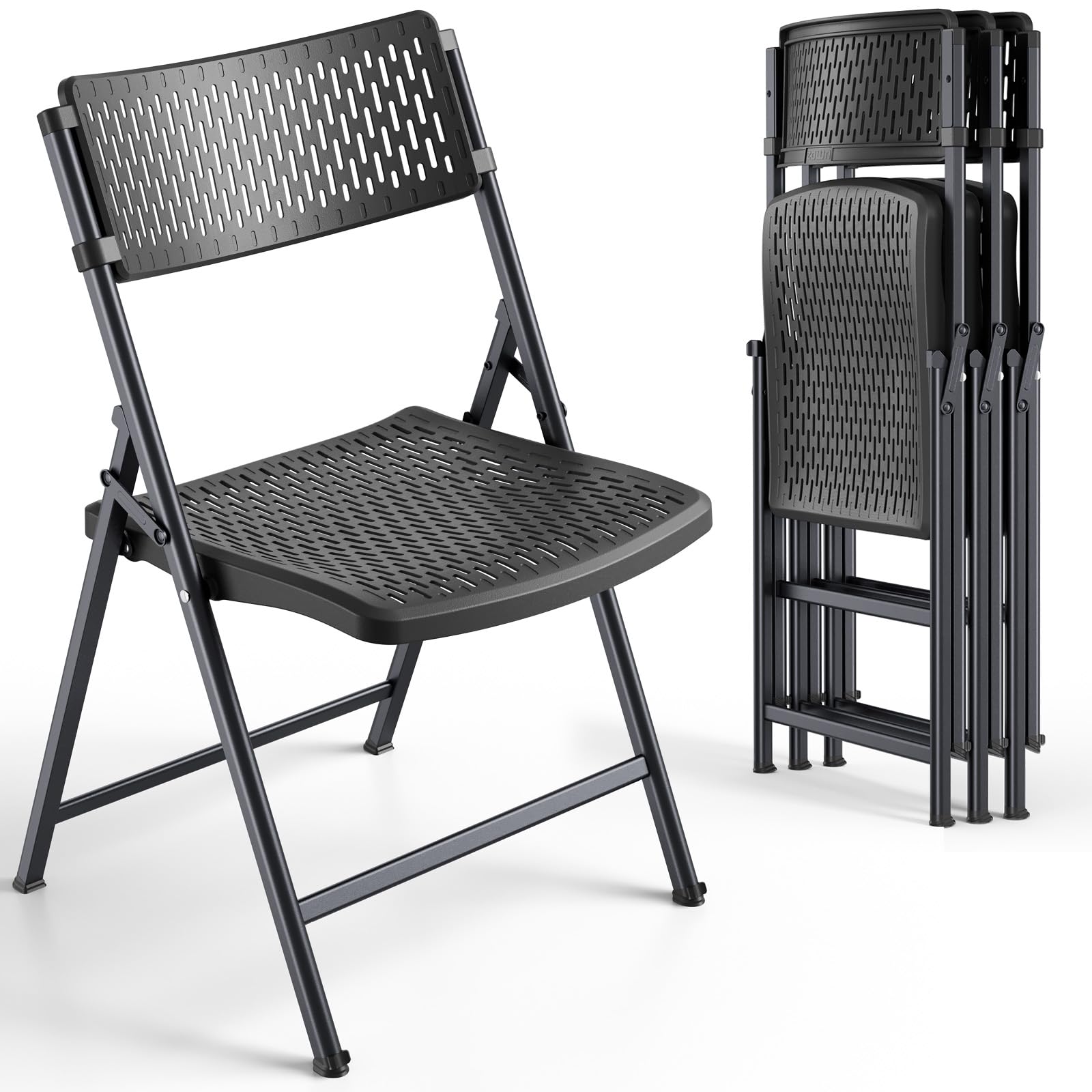 FurniEdge black folding chairs 4-pack seat: breathable molded plastic for comfortable gatherings