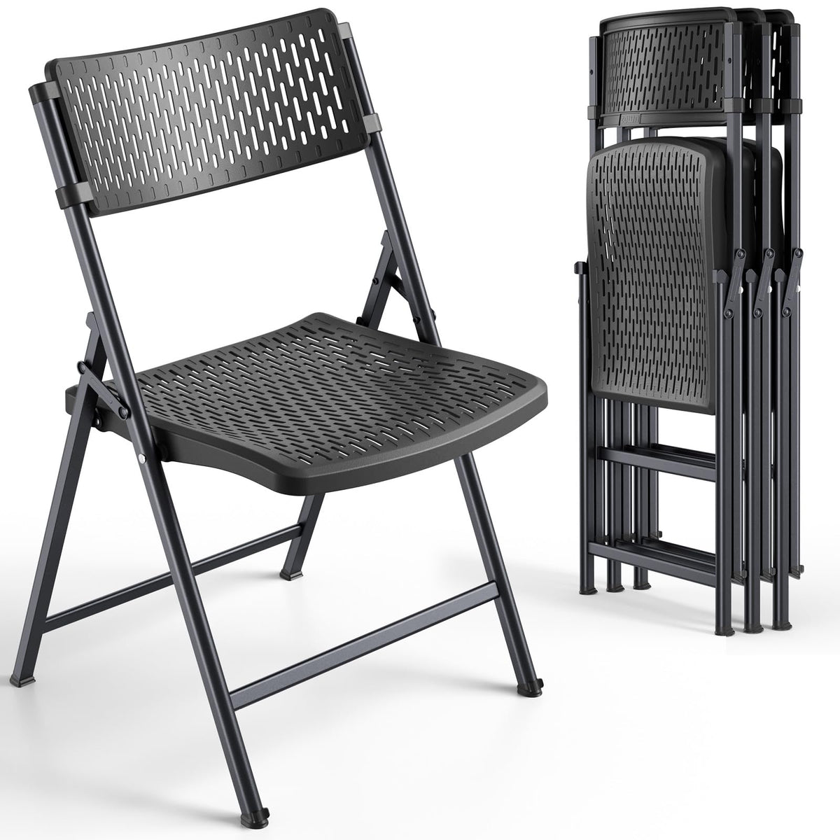 FurniEdge black folding chairs 4-pack seat: breathable molded plastic for comfortable gatherings