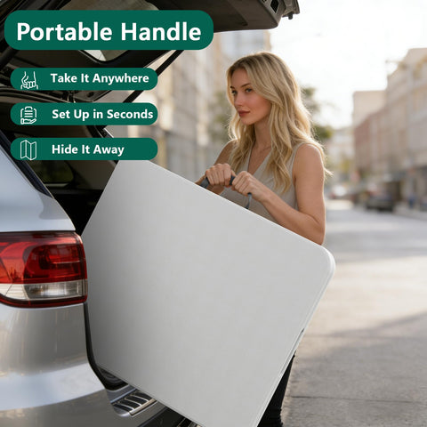 FurniEdge folding table with built-in handle for easy transport and storage.