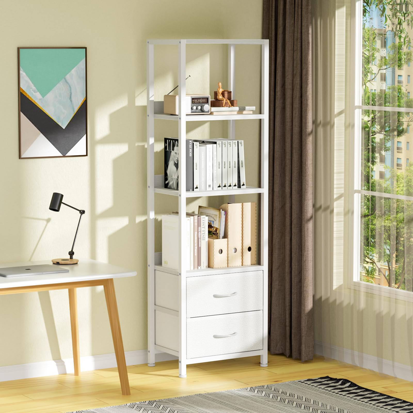 Furnulem 4-Tier Corner Shelf drawer-open view illustrating hidden storage options
