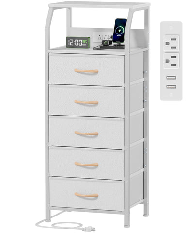 Furnulem 5-drawer dresser with charging station in full view for organized bedside setup.