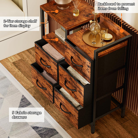 Furnulem 5-drawer dresser assembled in a bedroom corner showcasing space-saving design.