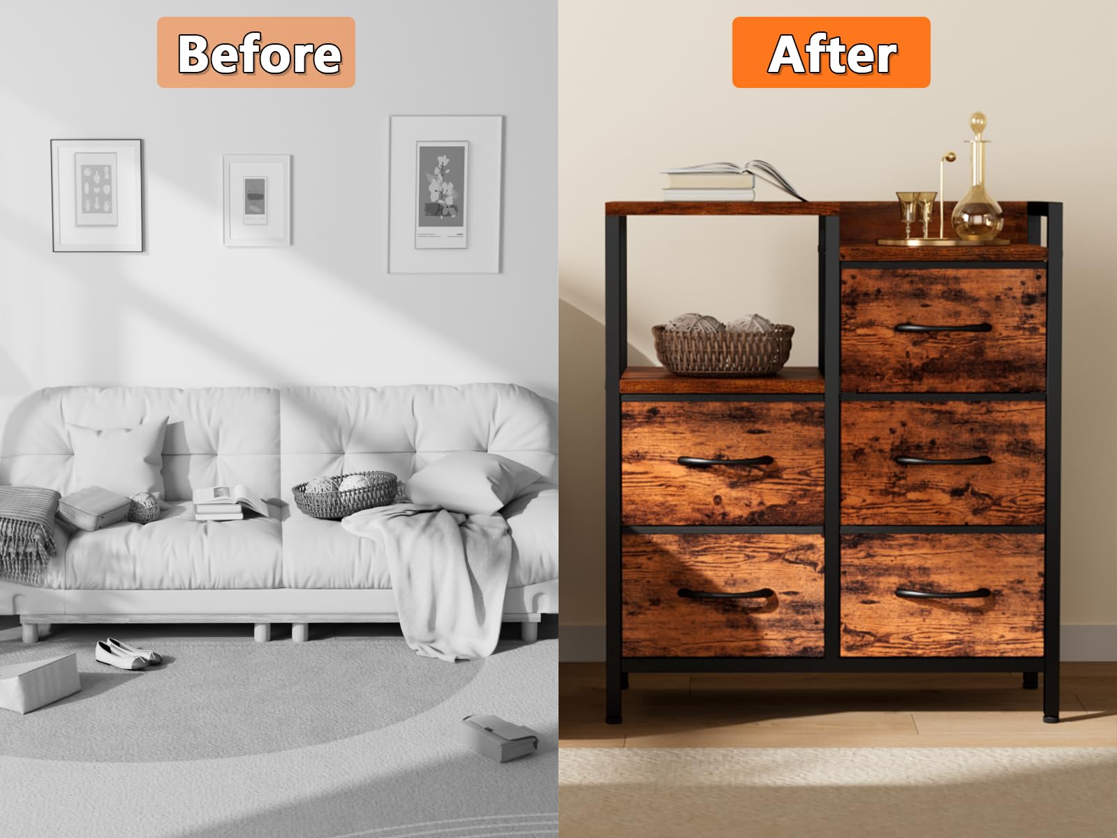 Furnulem 5-drawer dresser with adjustable feet protects floors from scratches.