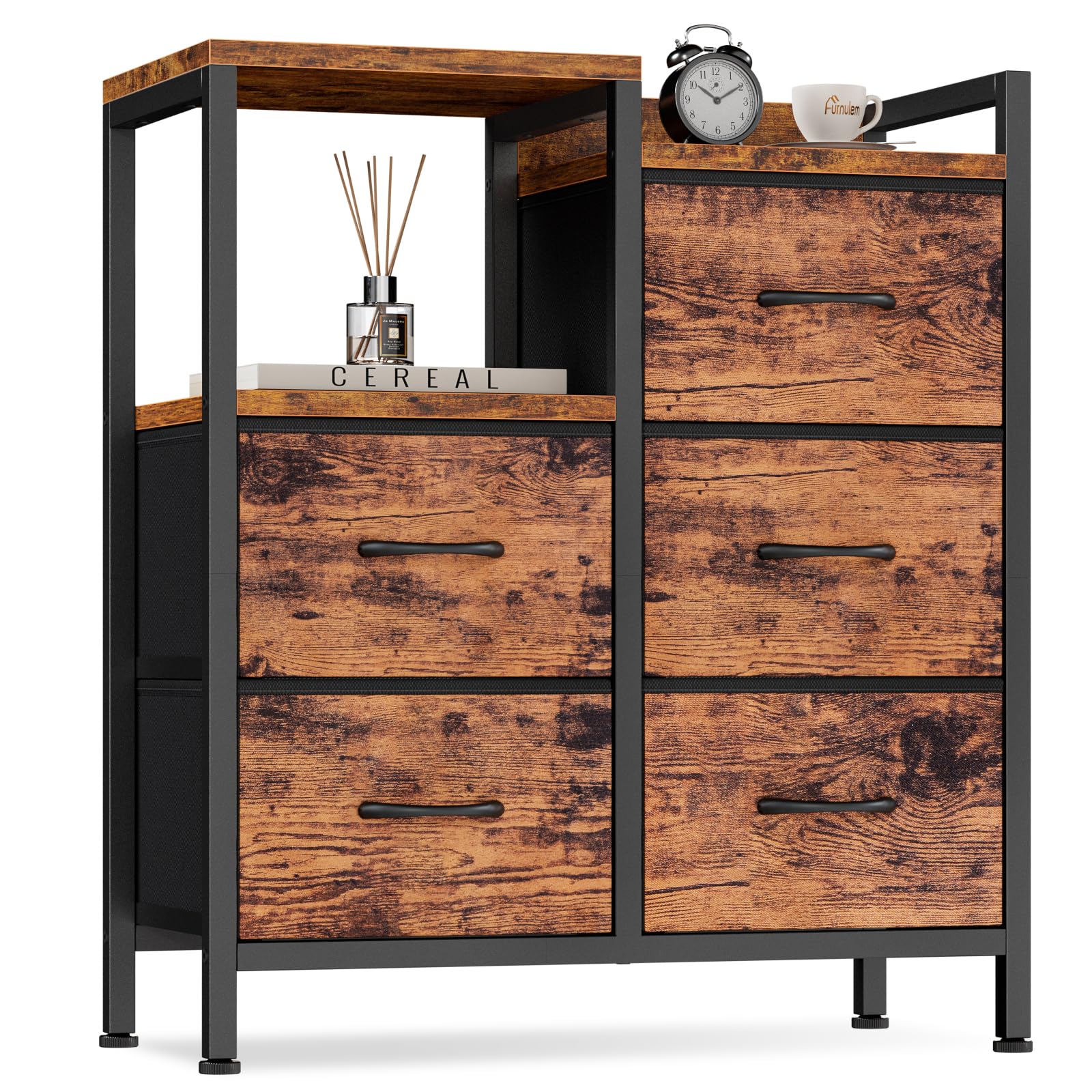 Furnulem 5-drawer dresser front view showing ample fabric drawers for organized storage.