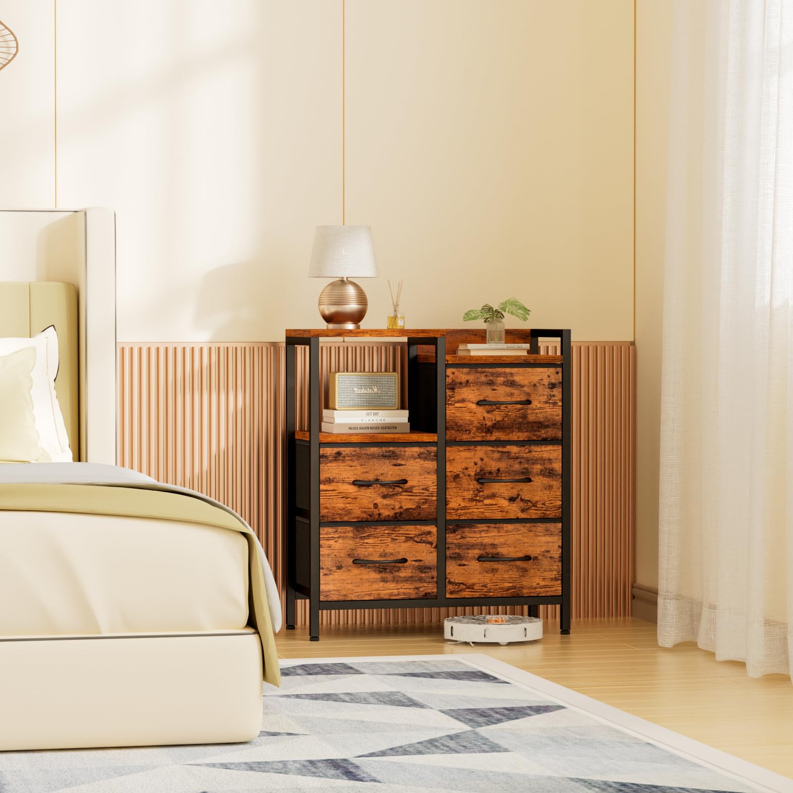 Furnulem 5-drawer dresser used as a nightstand or closet organizer.