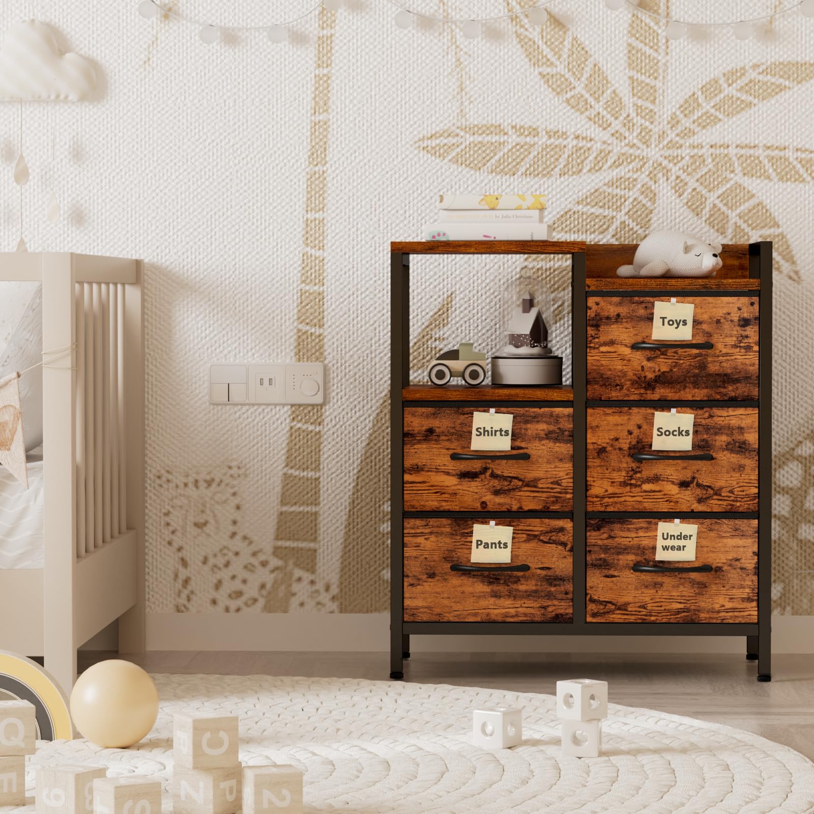 Furnulem 5-drawer dresser with two-tier shelves ideal for books and photos.