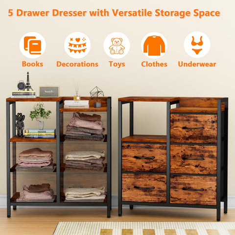 Furnulem 5-drawer dresser side view emphasizes sturdy frame and stable footprint.