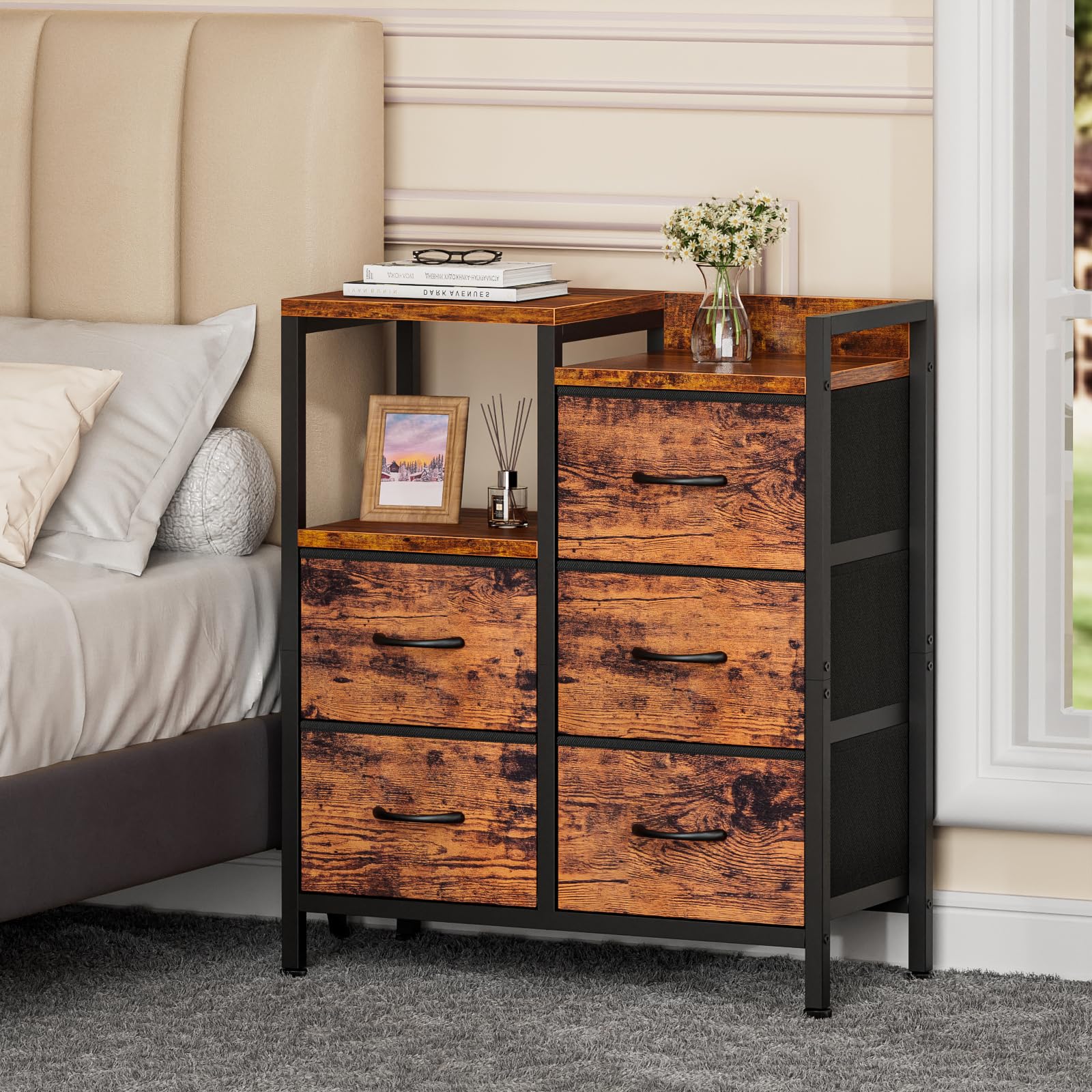 Furnulem 5-drawer dresser top surface highlighting durable, water-resistant top for decor.