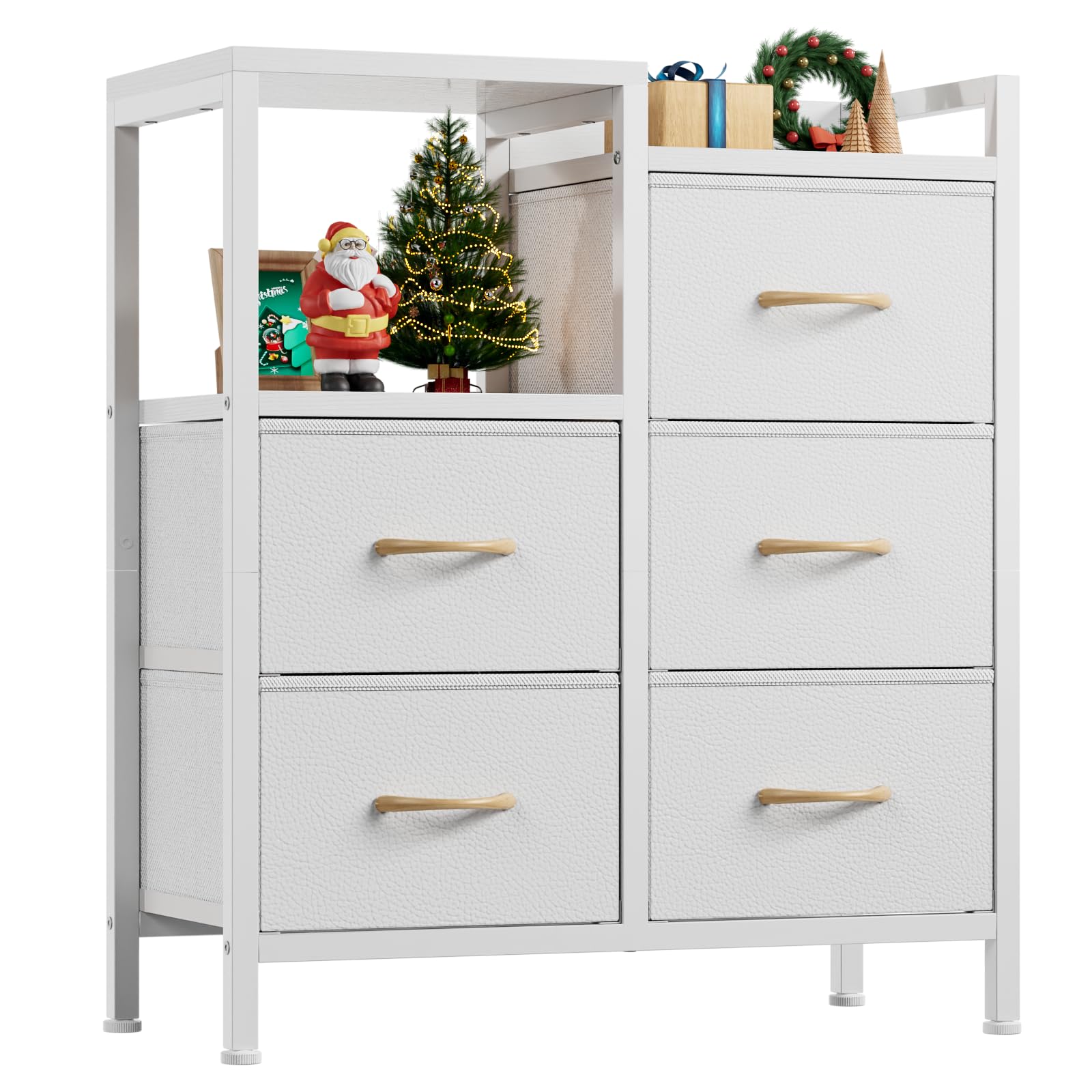 Furnulem 5-drawer white dresser in a bedroom for organized clothing storage