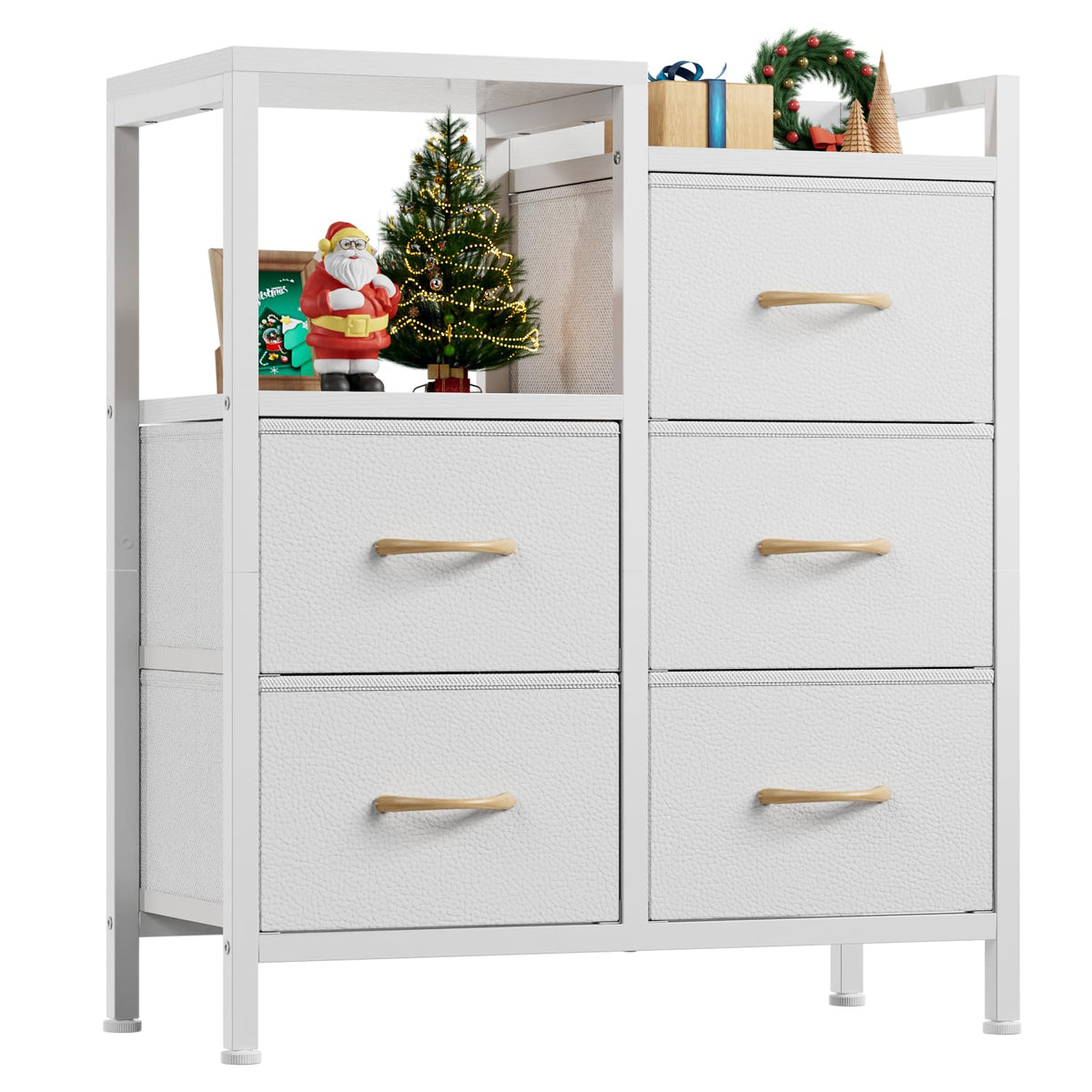 Furnulem 5-drawer white dresser in a bedroom for organized clothing storage