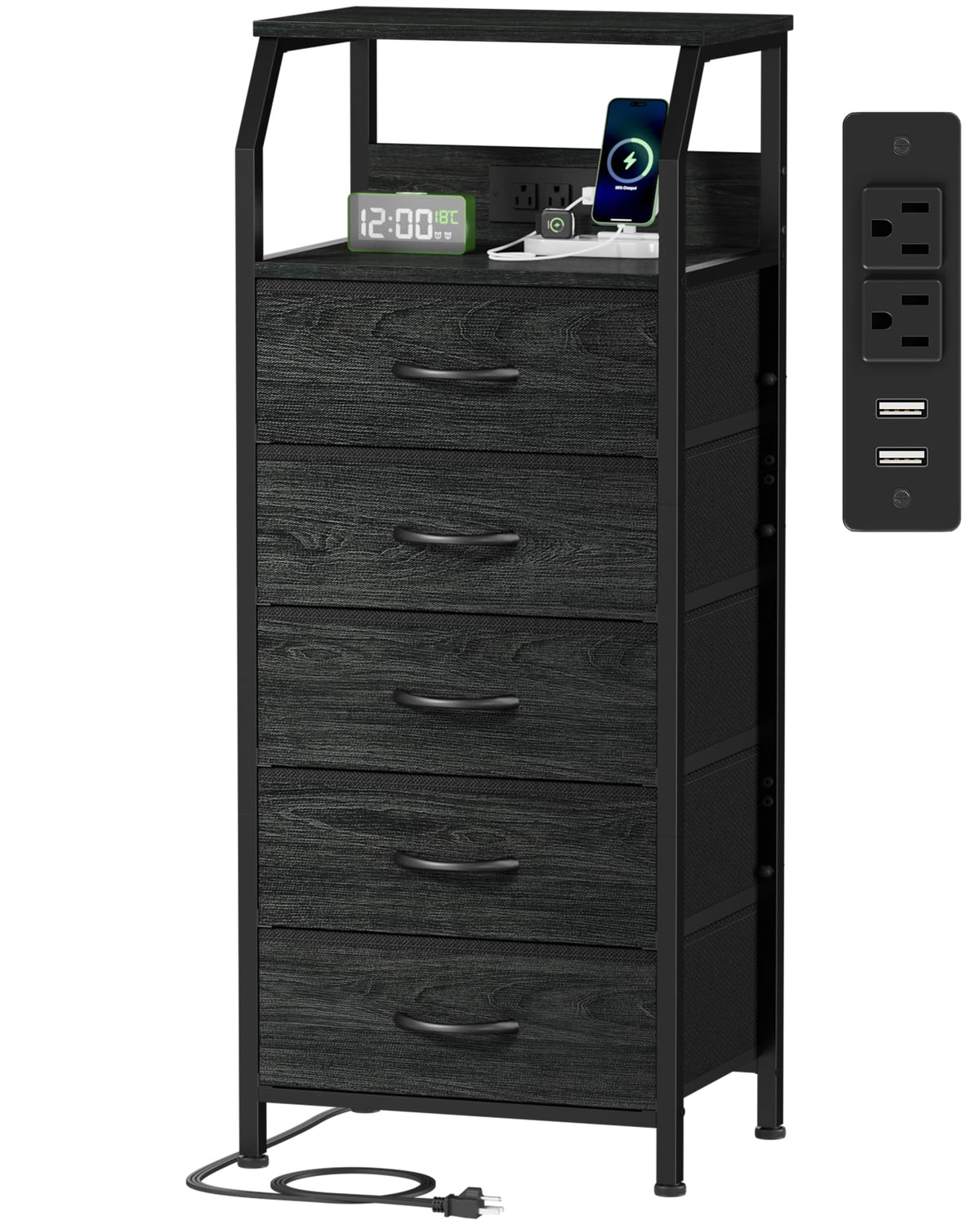 Furnulem 5-Drawer Dresser charging-station front view shows accessible charging