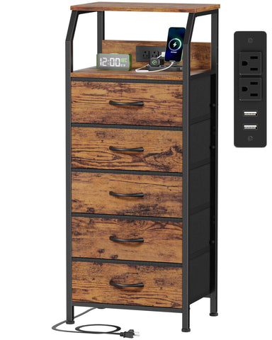 Furnulem 5-drawer dresser with charging station in a tidy bedroom.