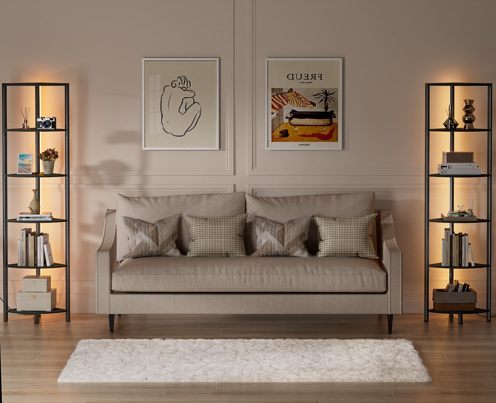 Furnulem bedroom display shelf organizes essentials while adding a warm touch.