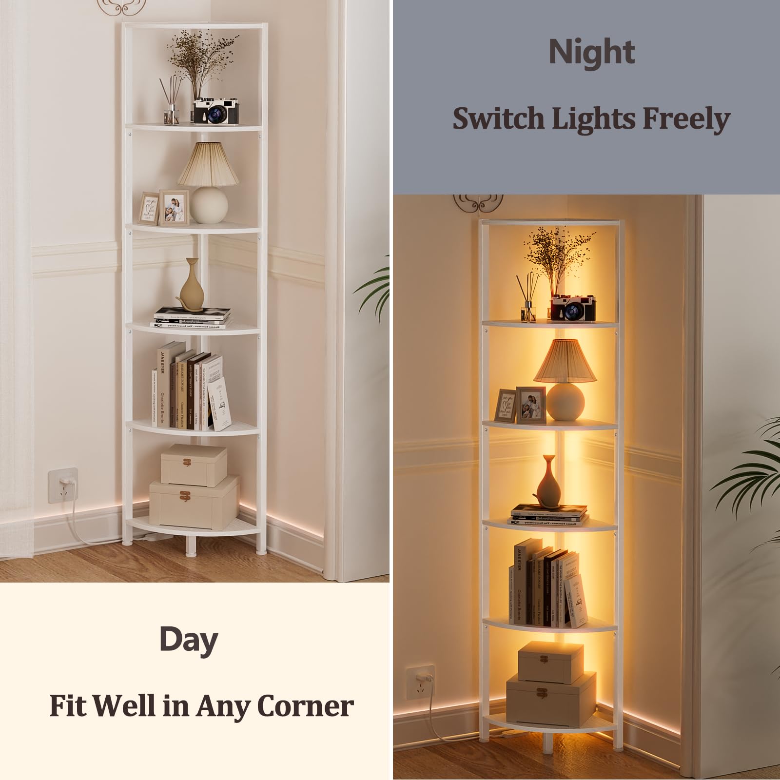Furnulem shelf in bedroom provides tidy display and organization.