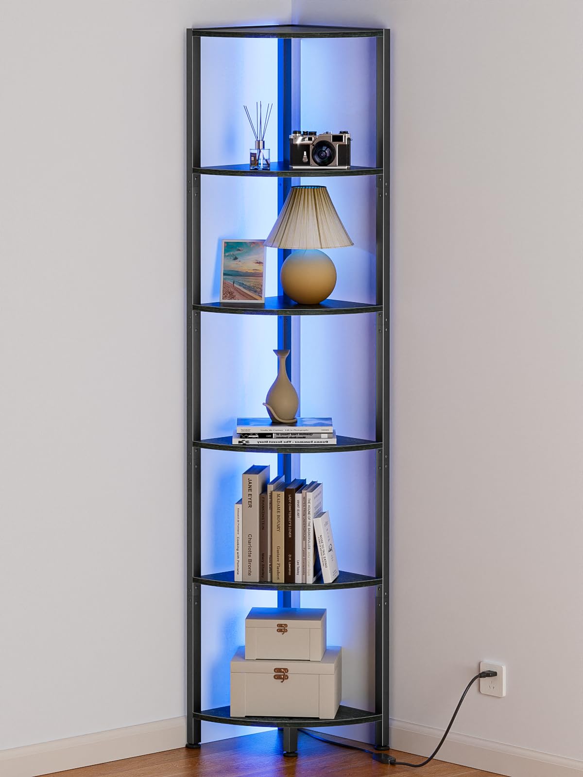 Furnulem 6-Tier Corner Shelf with LED light strip enhances room ambiance and display.