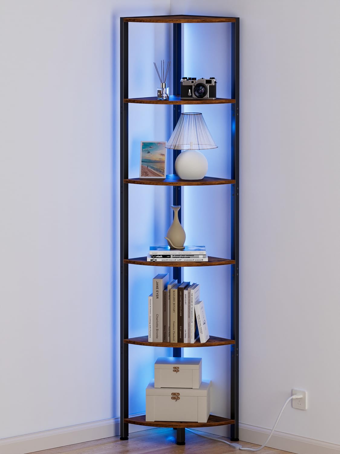 Furnulem 6-tier corner shelf with LED light brightens a living room corner.