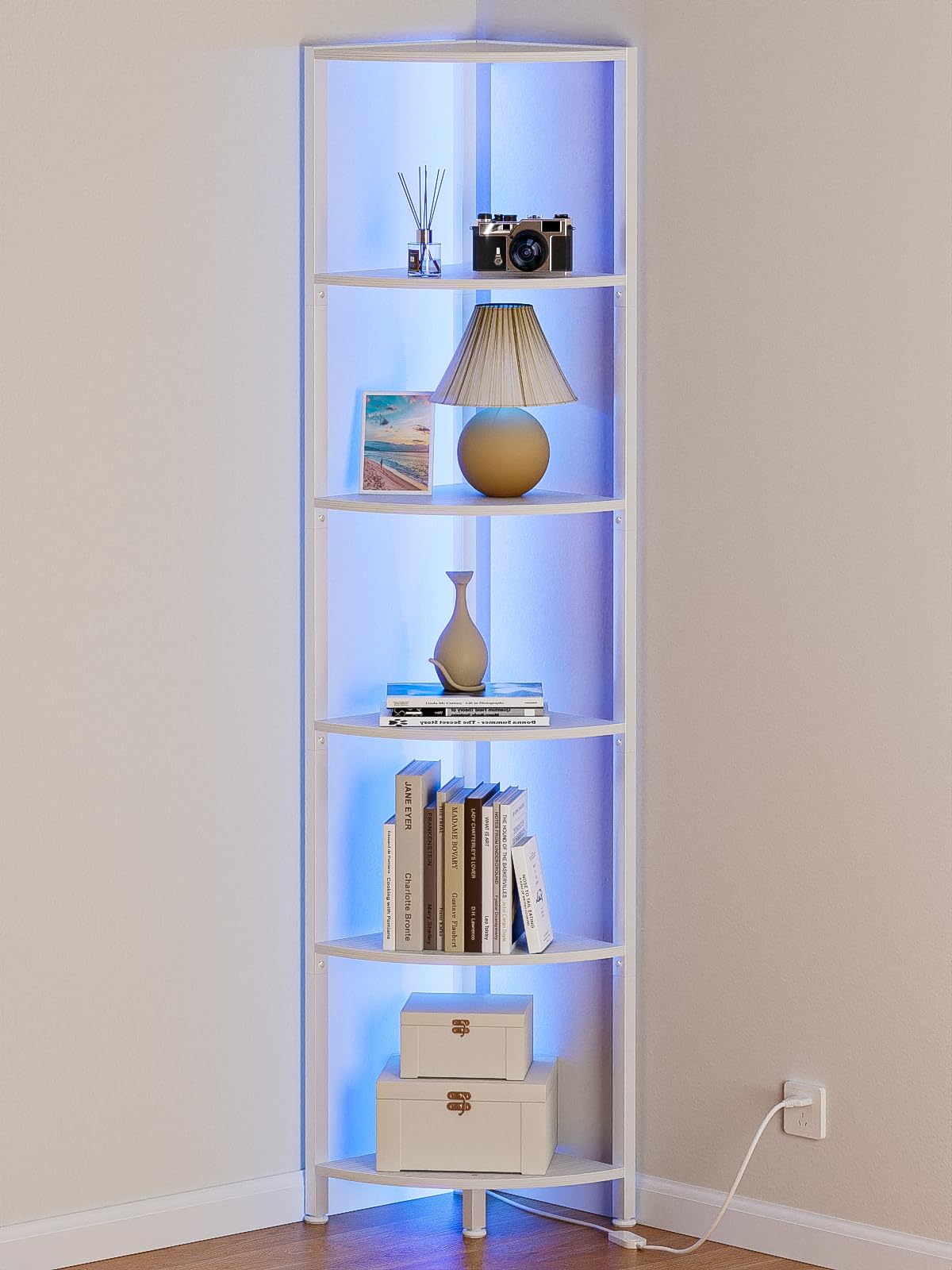 Furnulem 6-tier corner shelf with LED light strip for colorful ambiance in any room.
