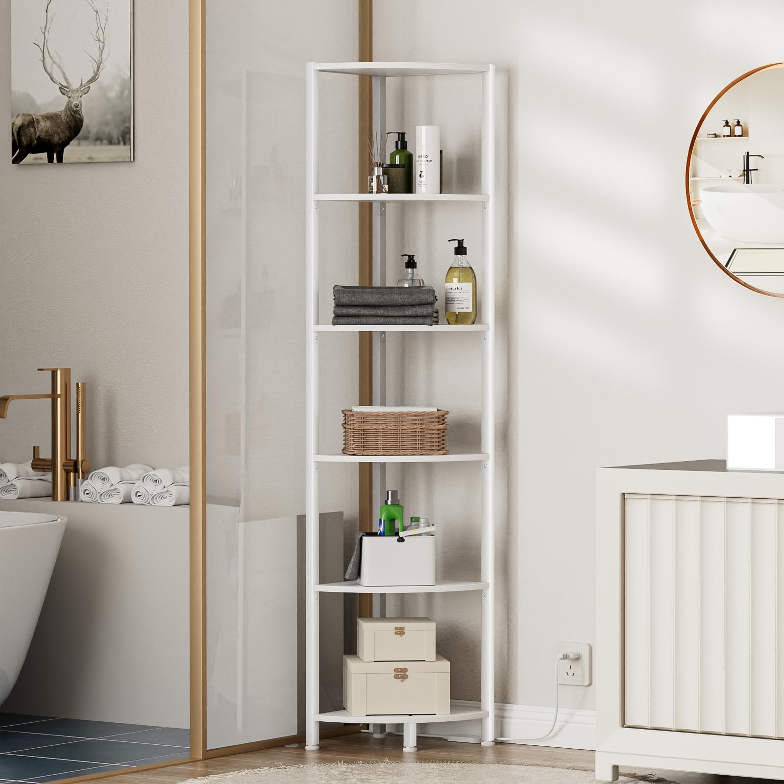 Furnulem wood shelves show natural grain for warm, decorative storage.
